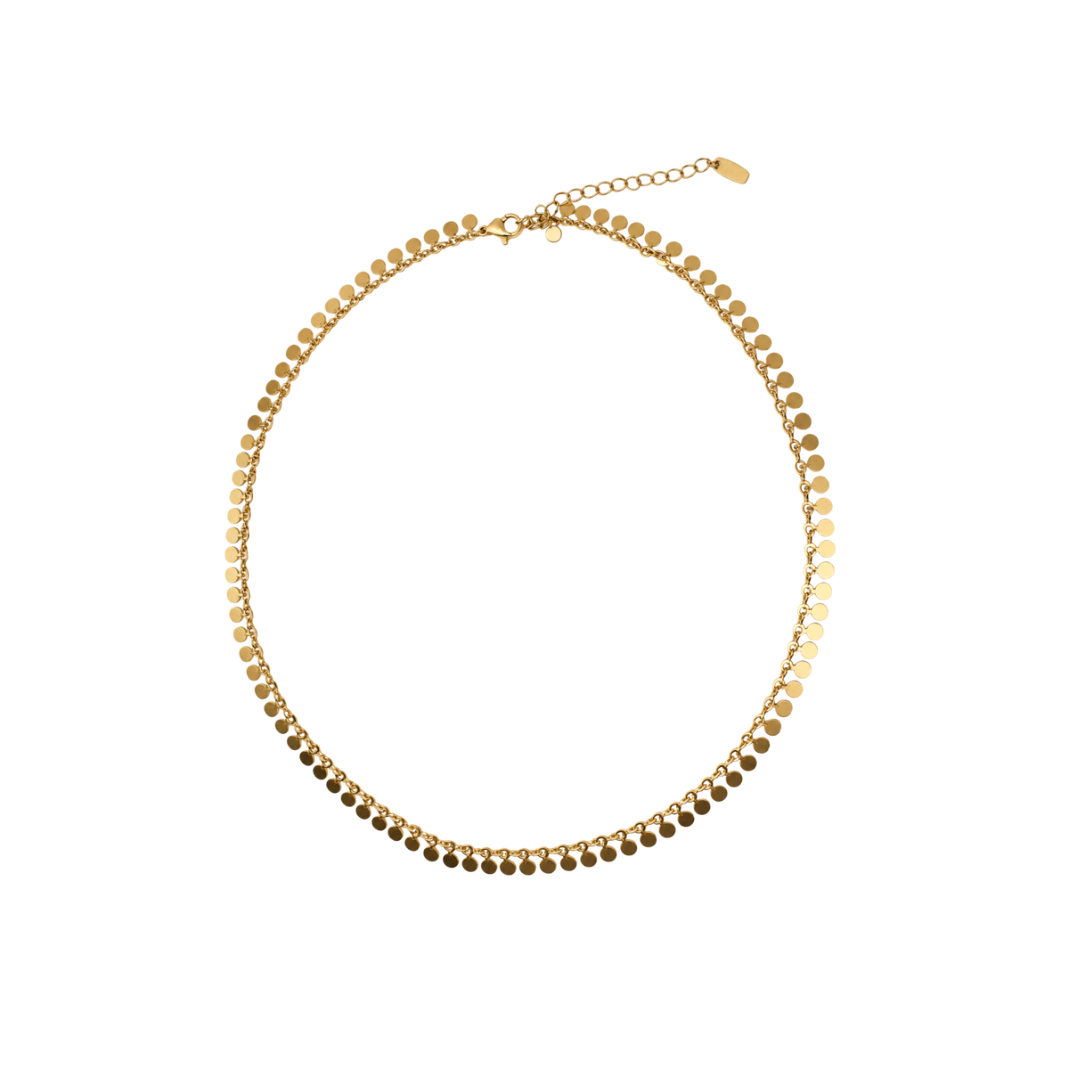 Collier ras-de-cou composé d'une chaîne fine ornée de petites pastilles rondes suspendues tout au long du rang.&nbsp;